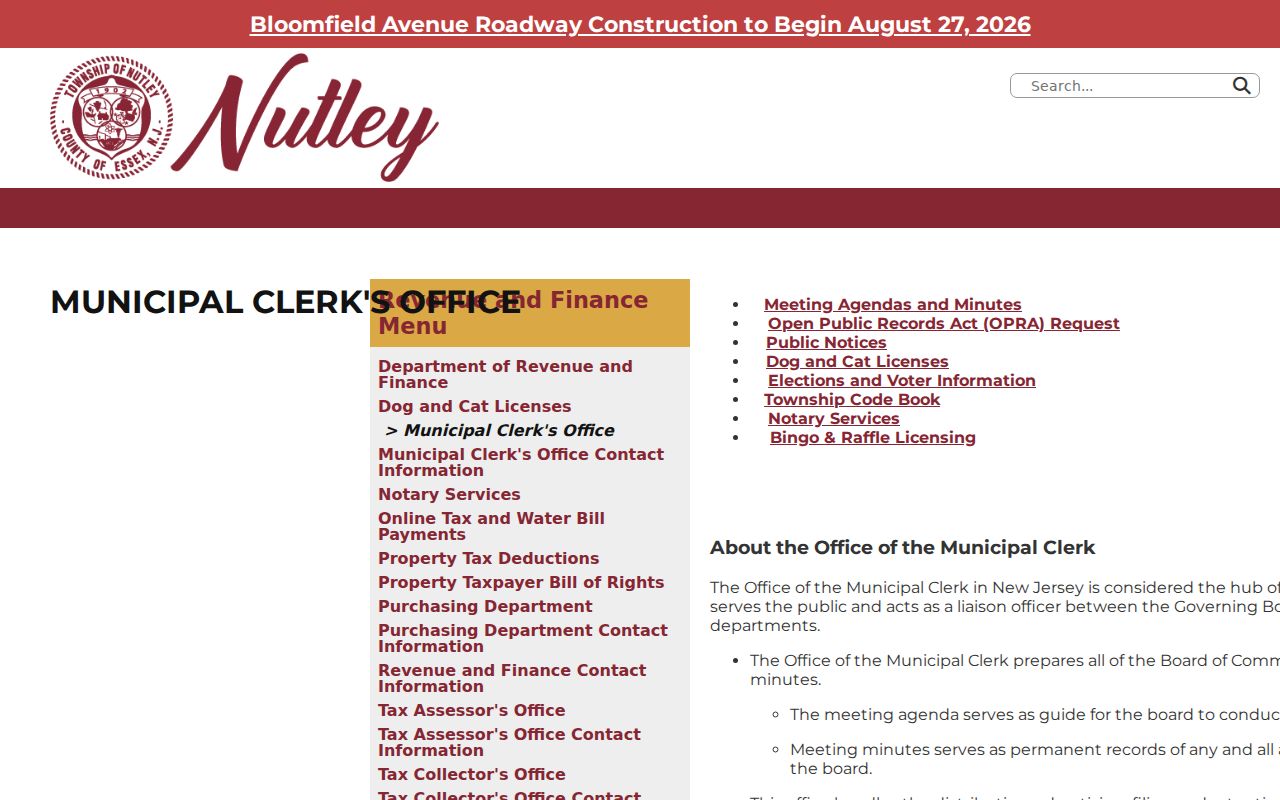 Nutley residents directory Municipal Clerk records route